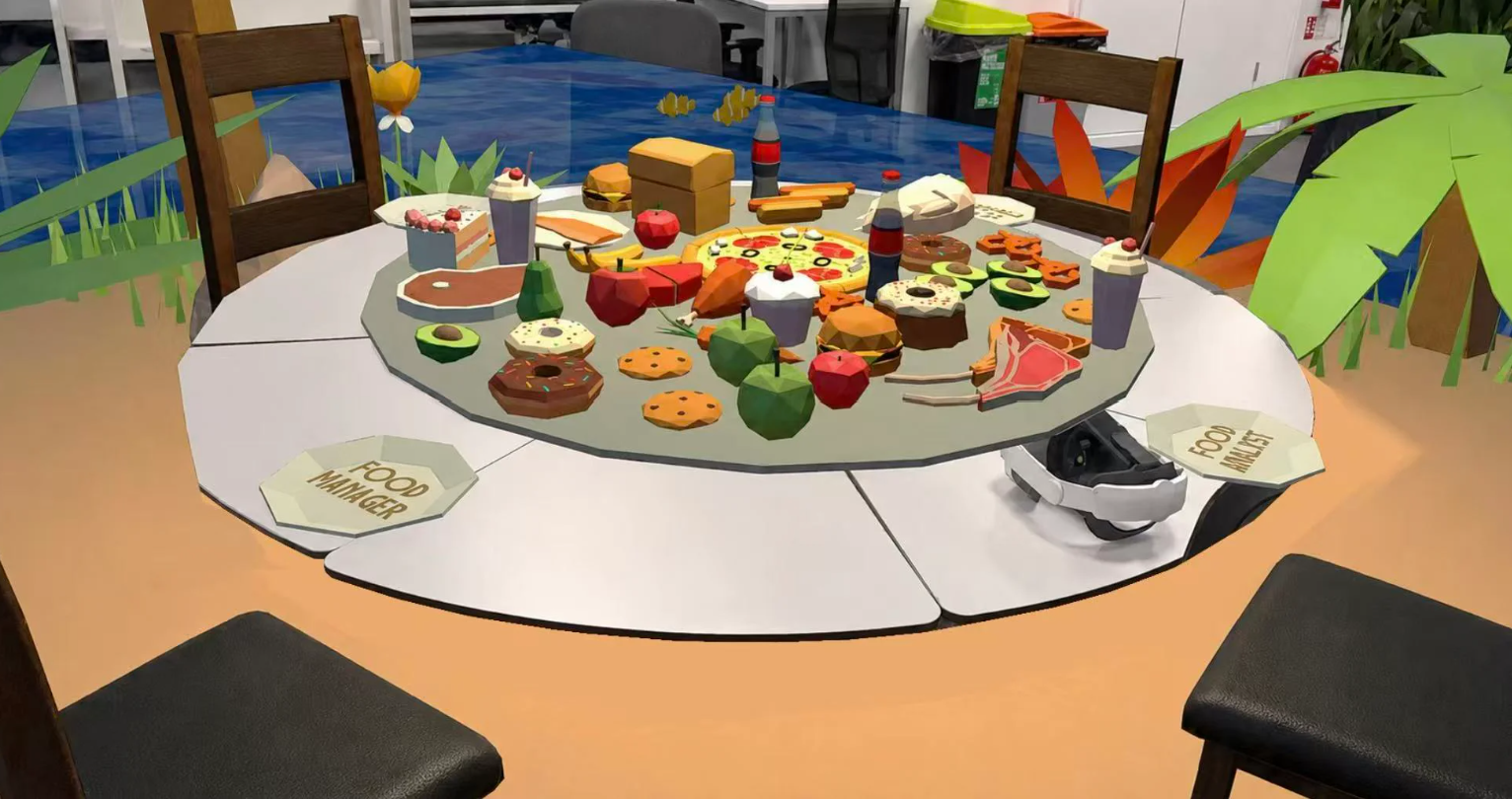 The mixed-reality table filled with food items selected by the players