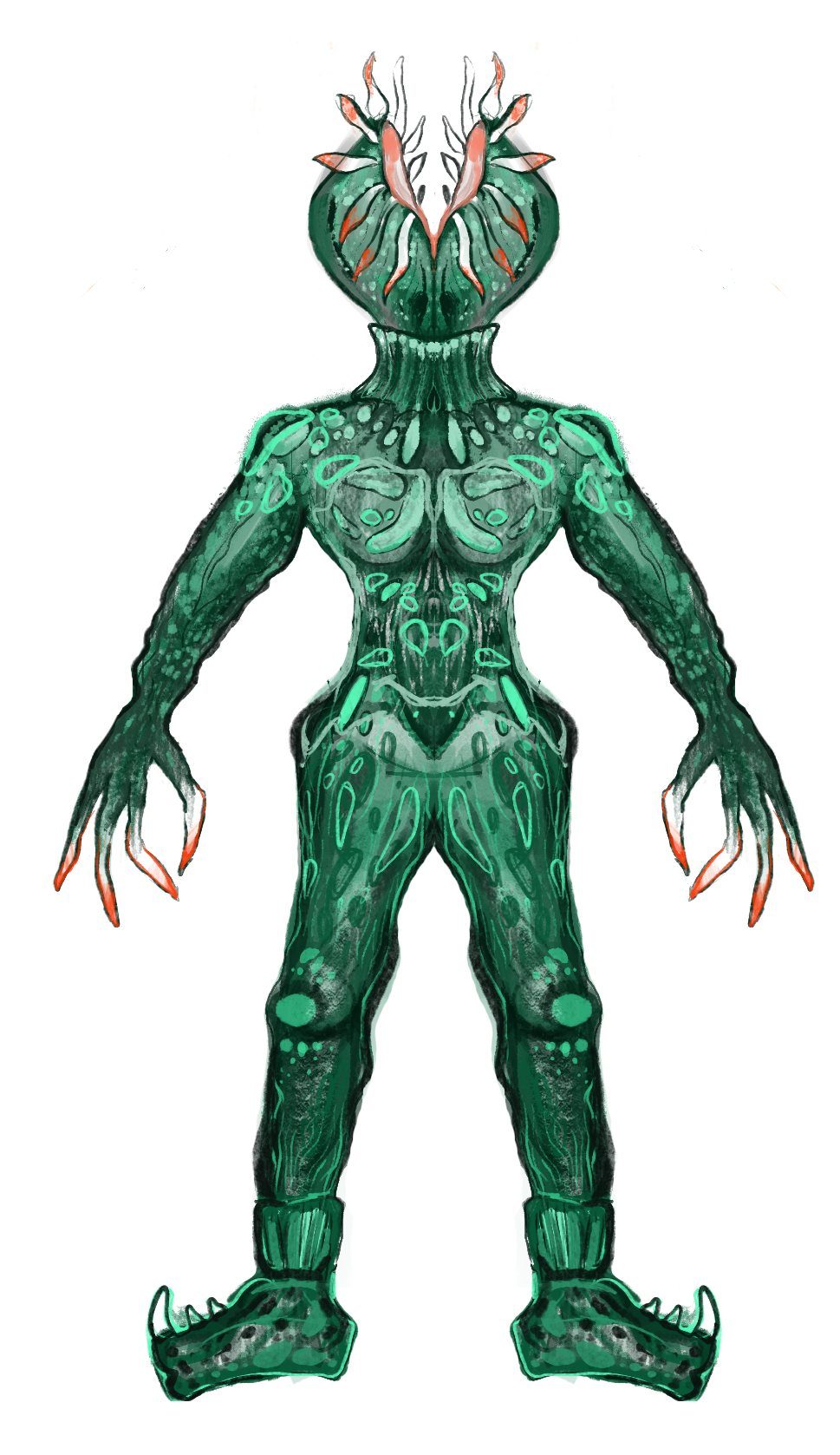 My drawing of the creature: a symmetrical green figure with a flytrap head and red-tipped fingers.