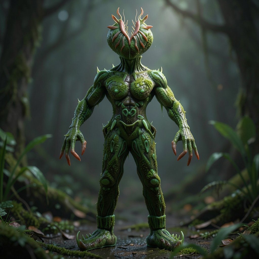 AI-generated render of the creature: a green humanoid with a flytrap head, standing in a misty forest.