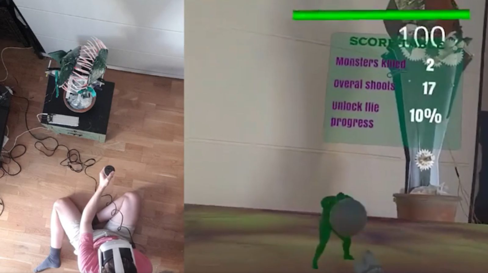 Split view: left, a player lying on the floor in a headset; right, the headset view. Score table: 2 monsters killed, 17 shots, 10 percent. The sculpture is closed.