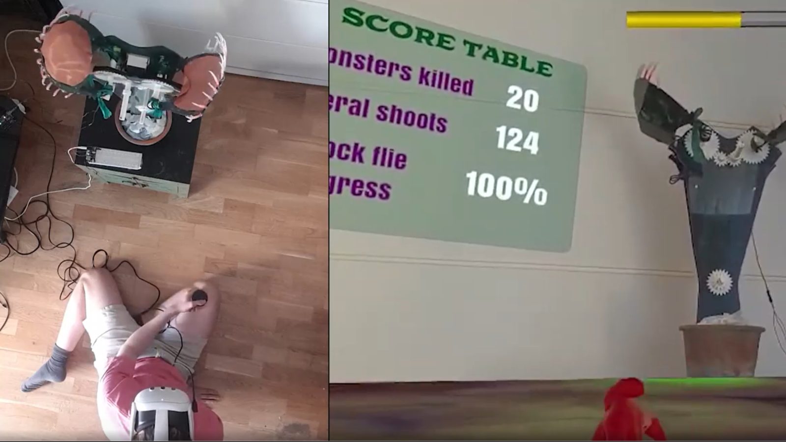 The same split view at the end of the game. Score table: 20 monsters killed, 124 shots, 100 percent. The sculpture's petals are open.