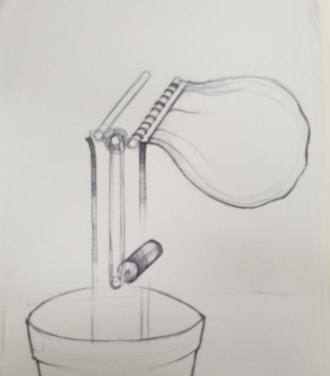 Pencil sketch of a flytrap on a clay pot, with a linkage.